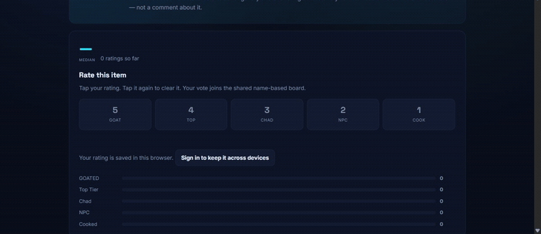 Screen recording: rating an item with one tap on TIER EVERYTHING, with the note that the rating is saved in your browser and no account is needed